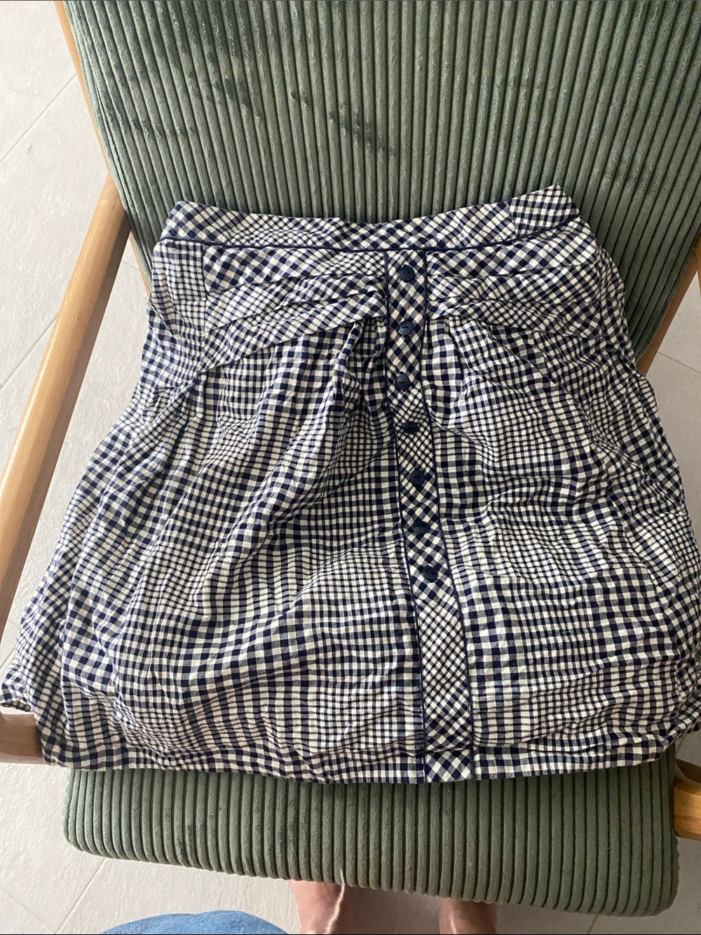 Anthropologie Navy & White Gingham Midi Skirt with Button Front